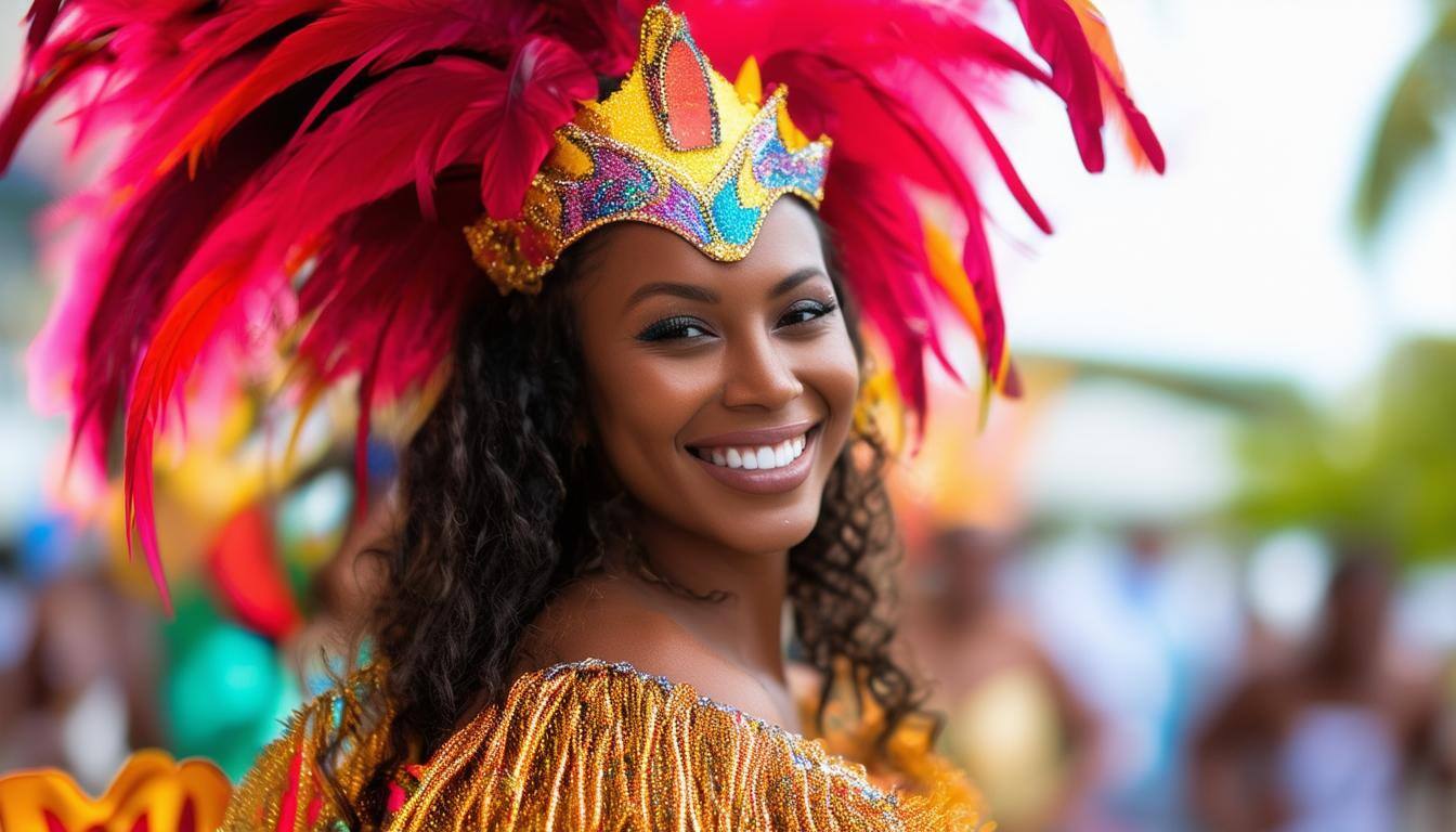 Caribbean woman smiling with carnival costume on