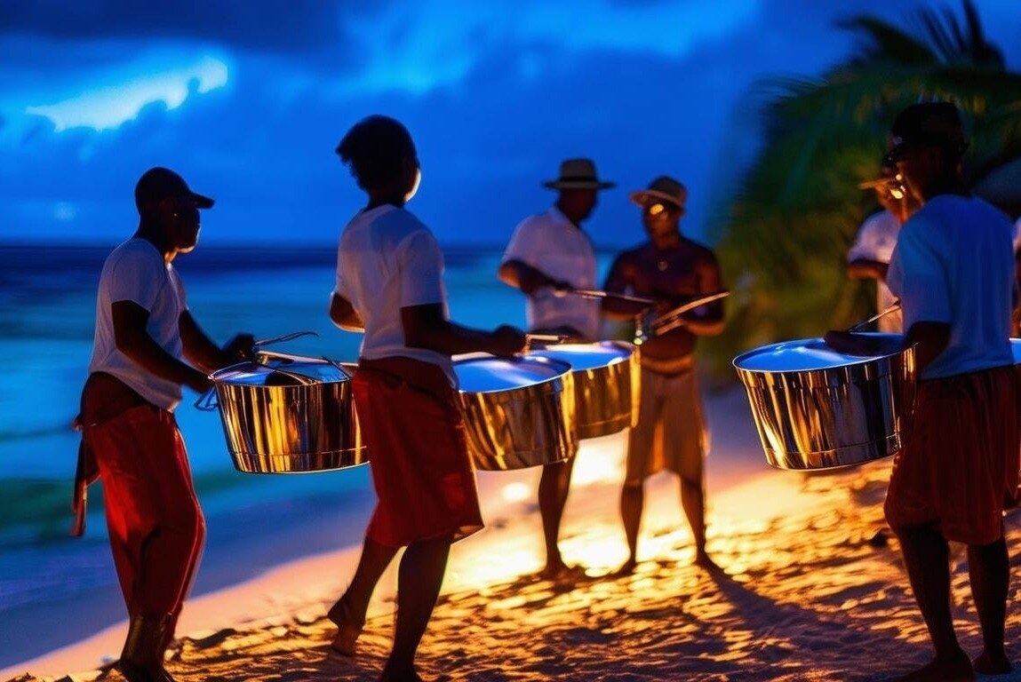 steel pan band on caribbean beach at night-1-1